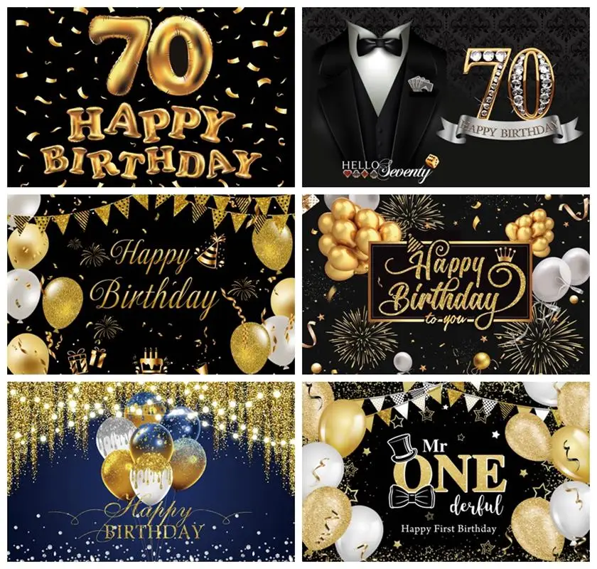 Happy 15 45 60 70 Birthday Photography Backdrops Black Golden Balloons Glitters Flower Celebration Party Custom Photo Background