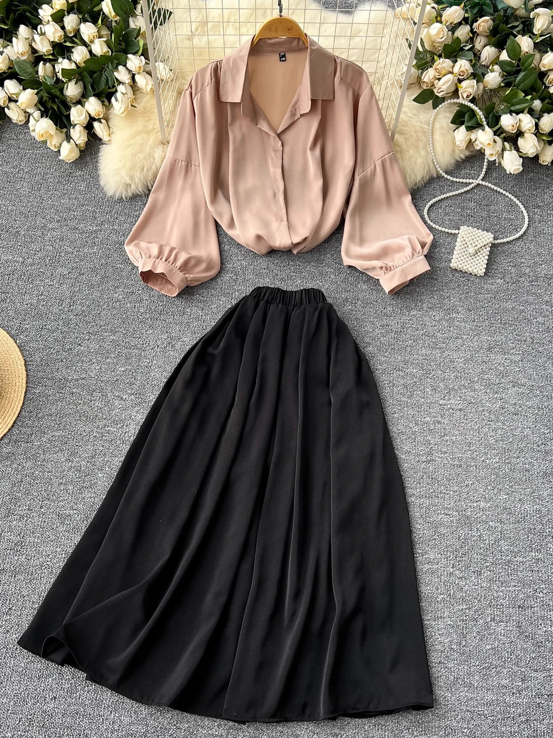 Spring Autumn Elegant Women Two Piece Set Ladies Office Turn-Down Collar Puff Sleeve Blouse Midi Skirt Suit 2Pcs OL New Fashion