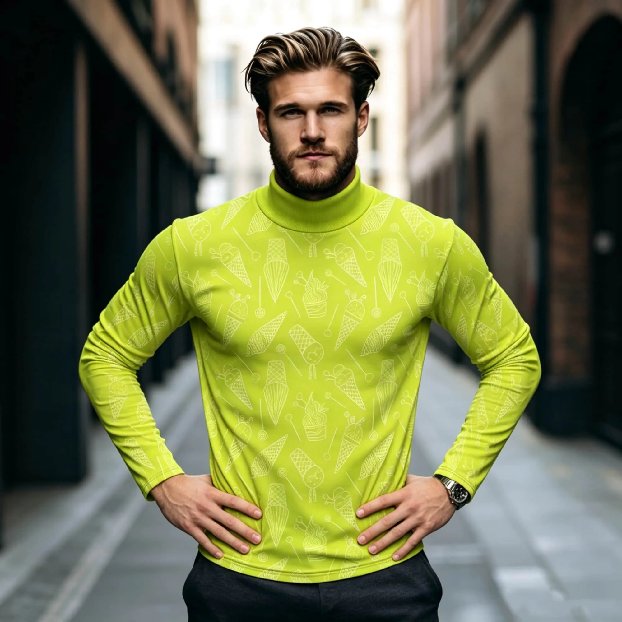 Novelty Dessert Graphic Men Mock Neck Long‑Sleeve Shirt Sketch Line All Over Print Lime Green Casual Streetwear Daily Fashion To
