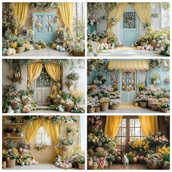 Spring Easter Backdrop for Photography Yellow Curtains Rustic Wooden Door Rabbit Egg Flower Bunny Kids Portrait Photo Background
