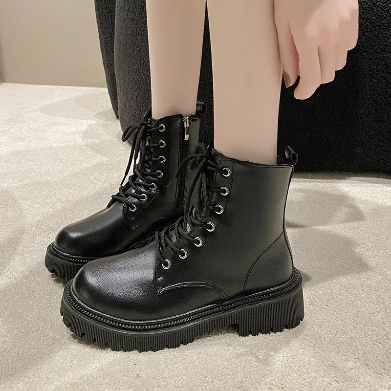 Women's Boots 2024 Autumn/Winter New British Style Plush Fashion Thick Bottom Motorcycle Boots Lace Comfort Zipper Snow Boots