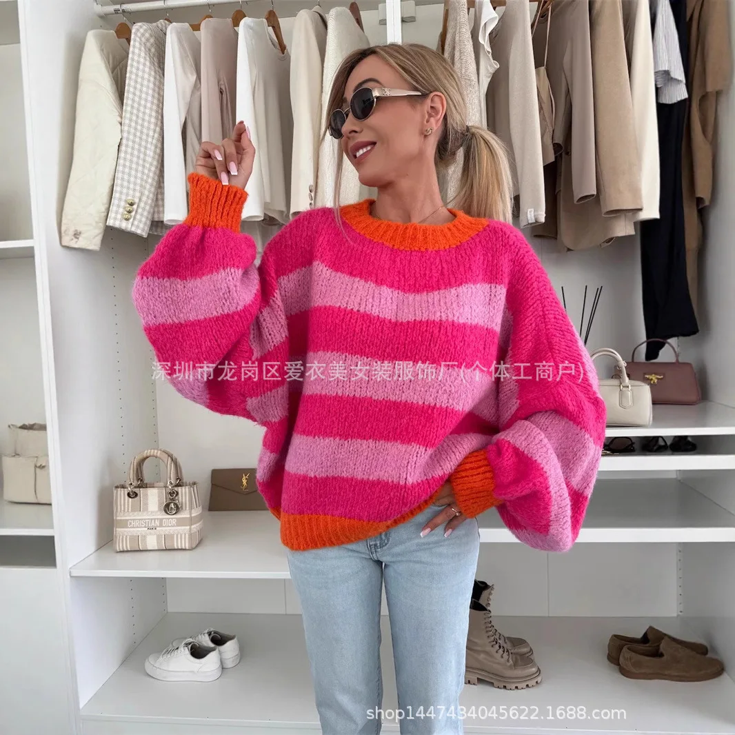 

2026 Spring New Women Stripe Long Sleeve Contrast Color Top Colorful Fashion Trend Women Wear Sweater