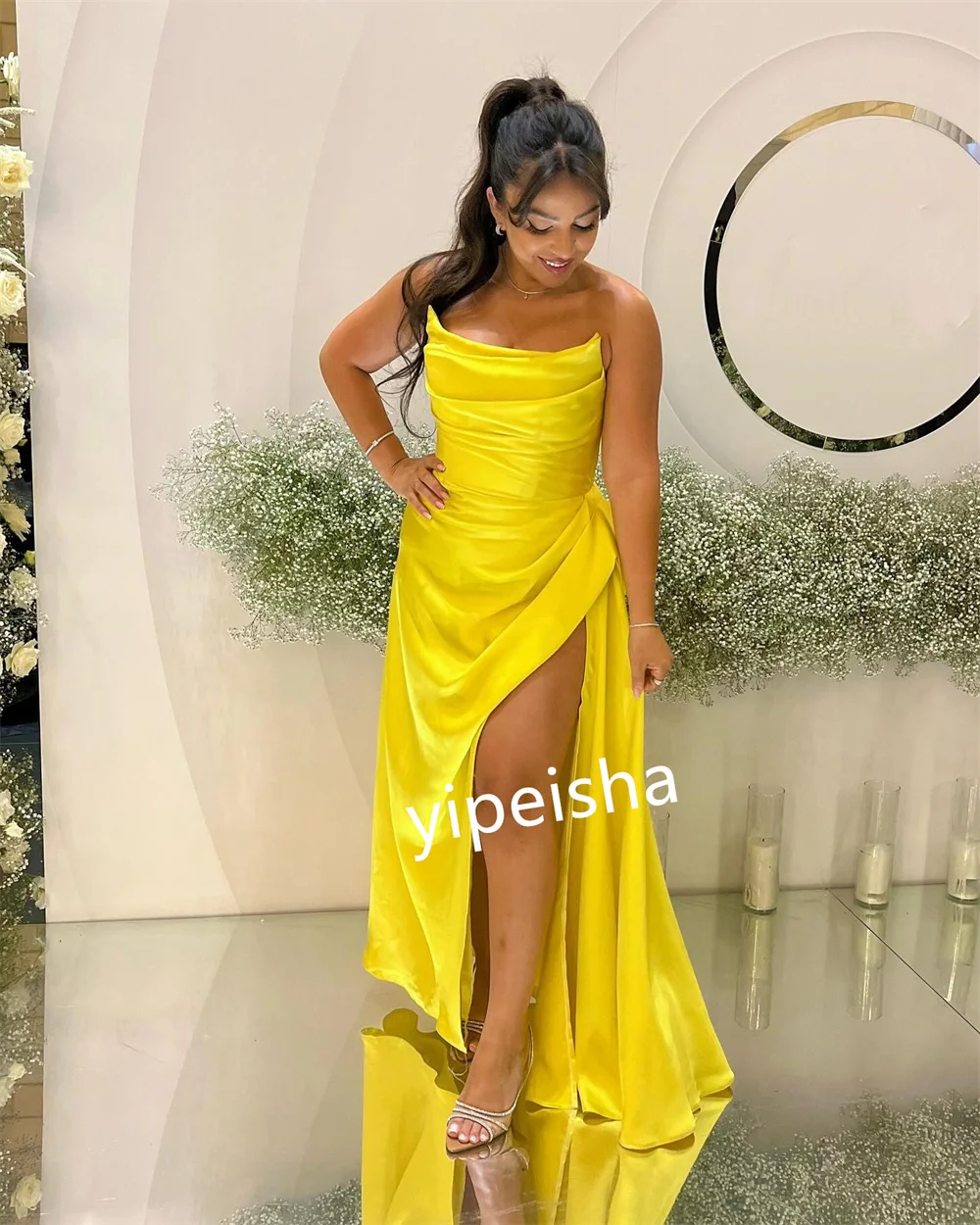 A-Line Strapless Midi Vestido, vestidos plissados formais, vestidos Quinceanera, estilo simples e moderno, tamanhos requintados, alta qualidade