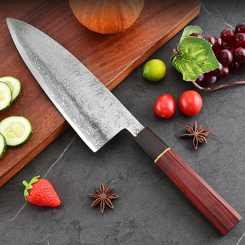

8.3 Inch Handmade Damascus Deba Knife Single-edged Blade Chef Cleaver Sashimi Slicing Sushi Vegetable Kitchen Knife Wood Handle
