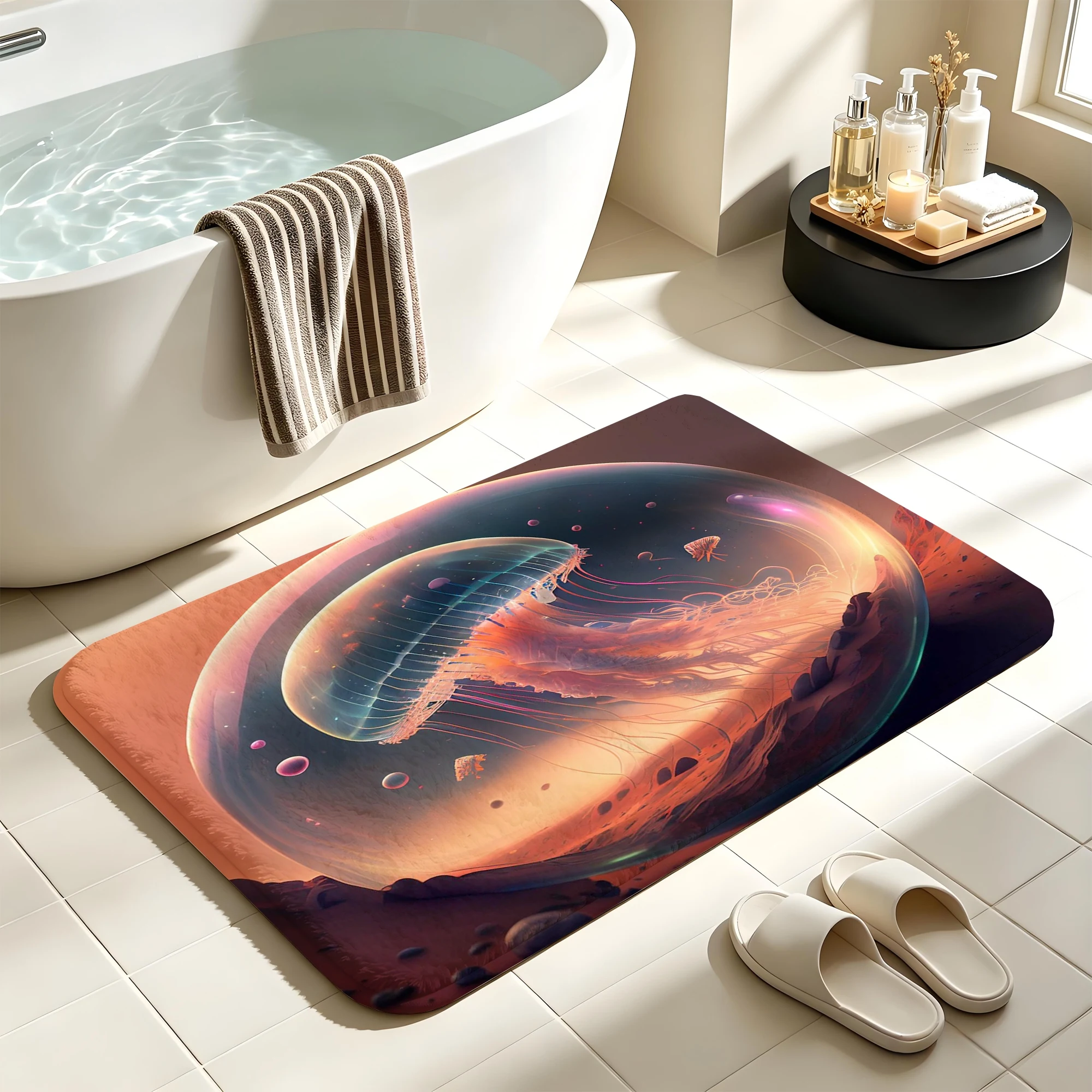 Fantasy Jellyfish Bath Mat Mysterious Space Planet Non-Slip Water Absorbent Bathroom Rug Soft Floor Carpet for Bathtub Shower