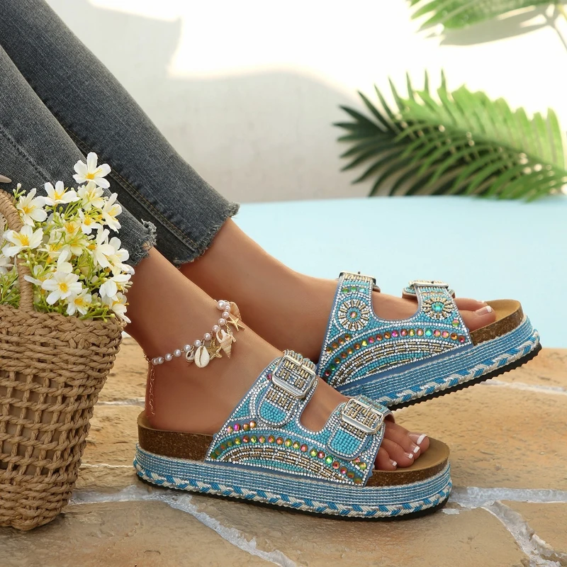 

Thick-soled Open-toe Rhinestone Button-down Waterproof Platform Fashionable Multi-purpose Comfortable Anti-slip Women's Slippers