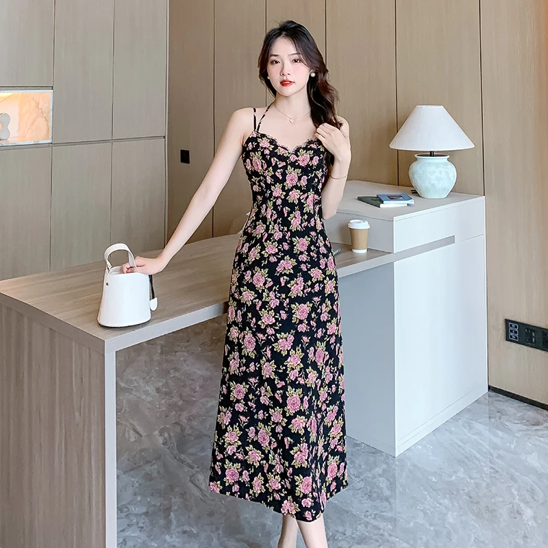 

Sling Dress Women 2023 Summer New Sexy Black Printing Sleeveless Waist Lace Suspenders Chiffon Dress High Waist Midi Long Dress