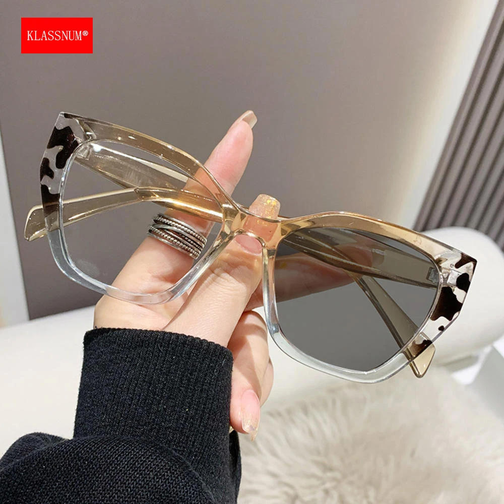 KLASSNUM 2024 Women Cat Eye Frame Eyeglasses Anti-blue Light Transparent Glasses UV400 Protection Flat Mirror Eyewear Xmas Gift