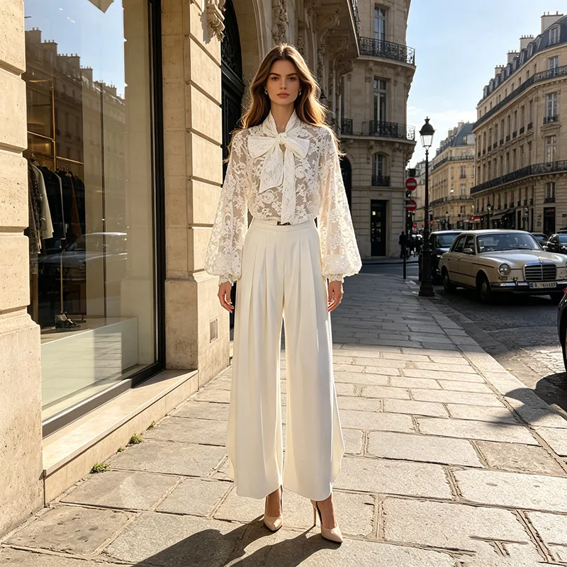 ZAMOR White Lace Tie Bow Collar Top With Slit Wide Leg Pants Set 2026 Summer Suit Women