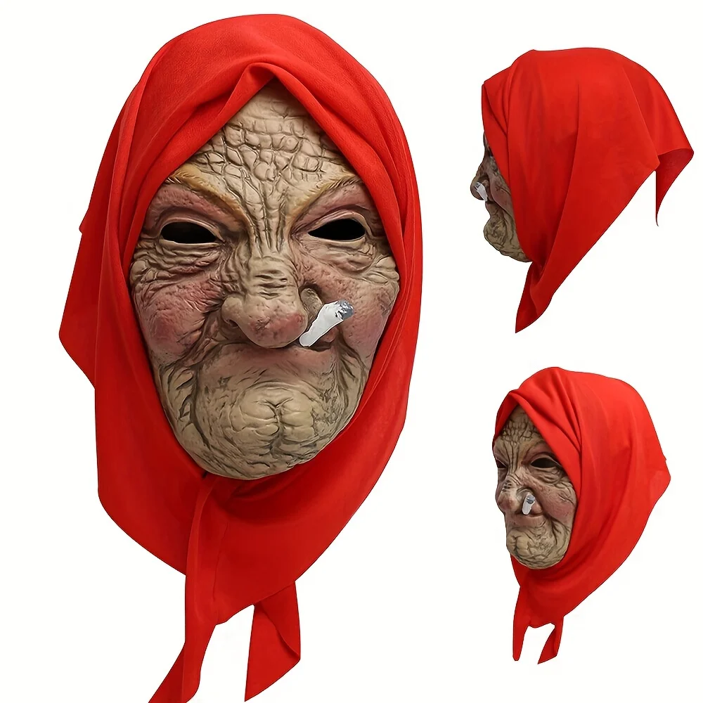 1-Pack Latex Scary Old Lady Mask, with Realistic Red Headscarf, High Detail, Ideal for Halloween Cosplay & Gifting - view 2