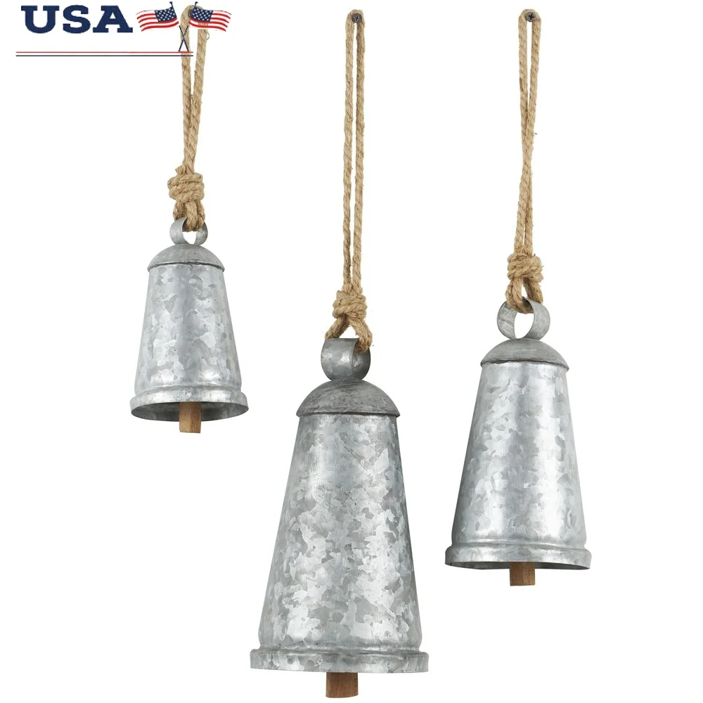 Tibetan Inspired Silver Narrow Cone Cow Bells Set of 3 Decorative Bells with Jute Rope Home Decor Indoor Outdoor Use