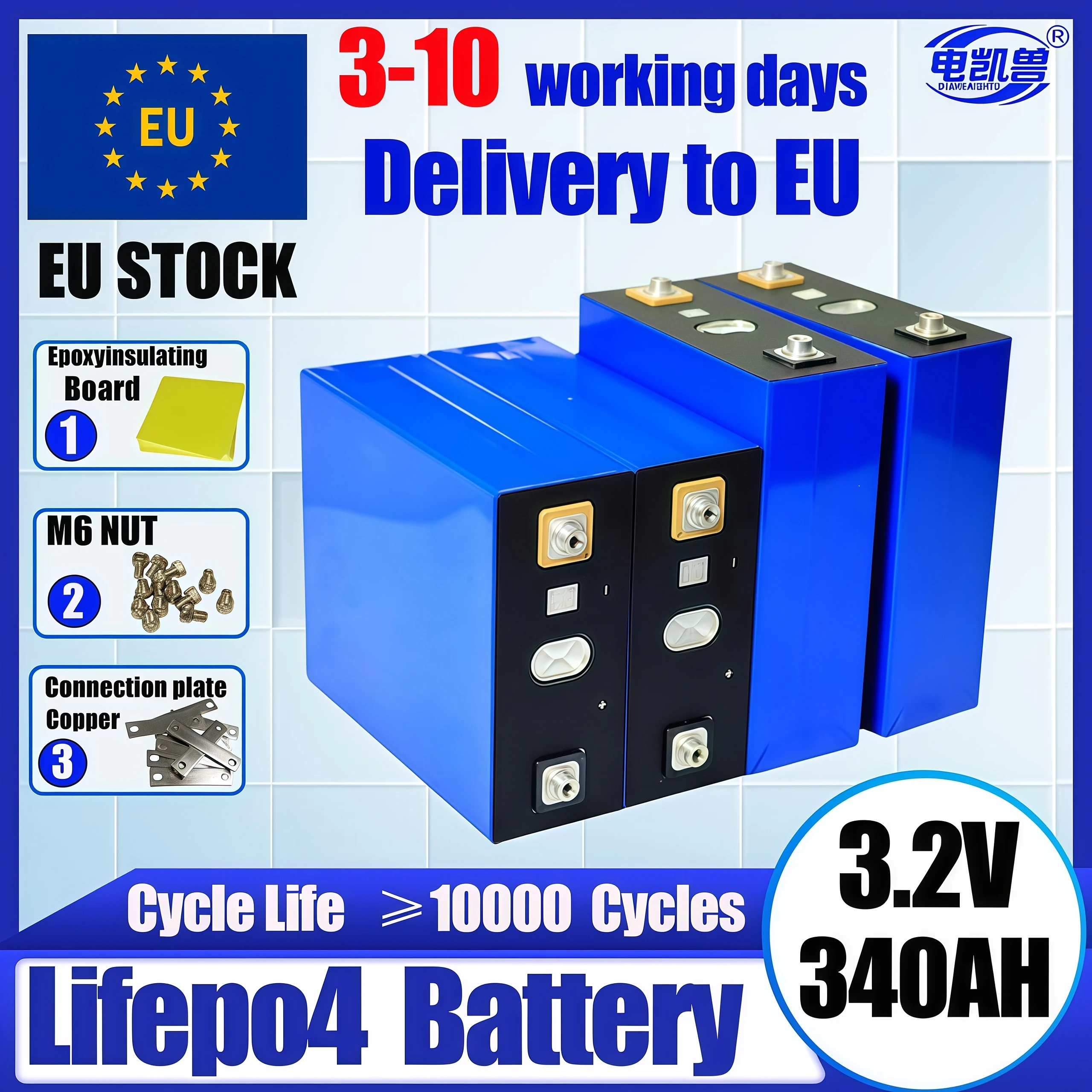 EU Stock 3.2V 340Ah LiFePO4 10000 Cycles Grade A Solar Battery DIY 12V 24V 48V High Capacity Batteria for Solar RV Fast Delivery
