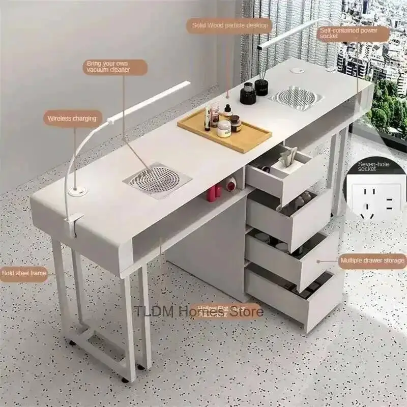 Tiroirs de Table modernes simples, Double manucure avec Table à ongles de Style crème et ensemble de chaises, Table à ongles légère de luxe pour magasin de manucure