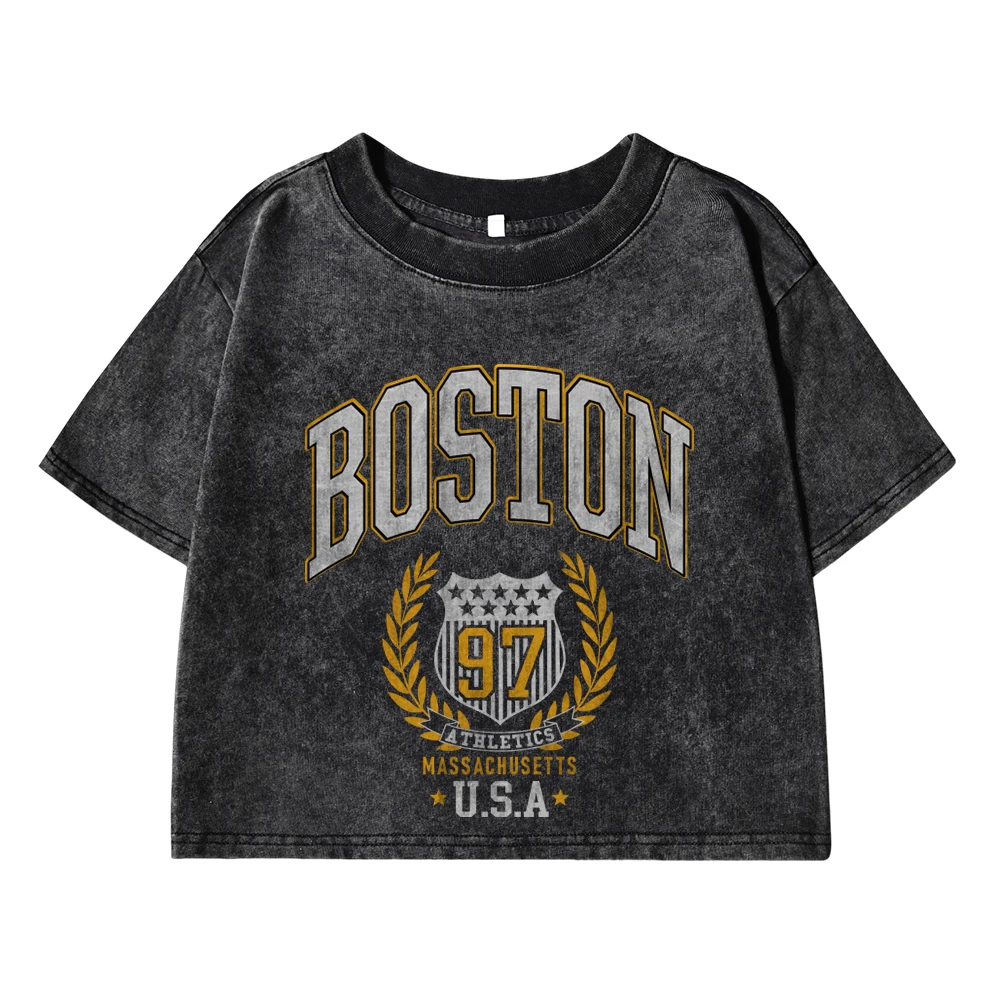 Boston Masscahusetts Usa Printing Womans Washed T-Shirts Comfortable O-Neck Breathable Cotton Crop Tops Summer Female Clothes