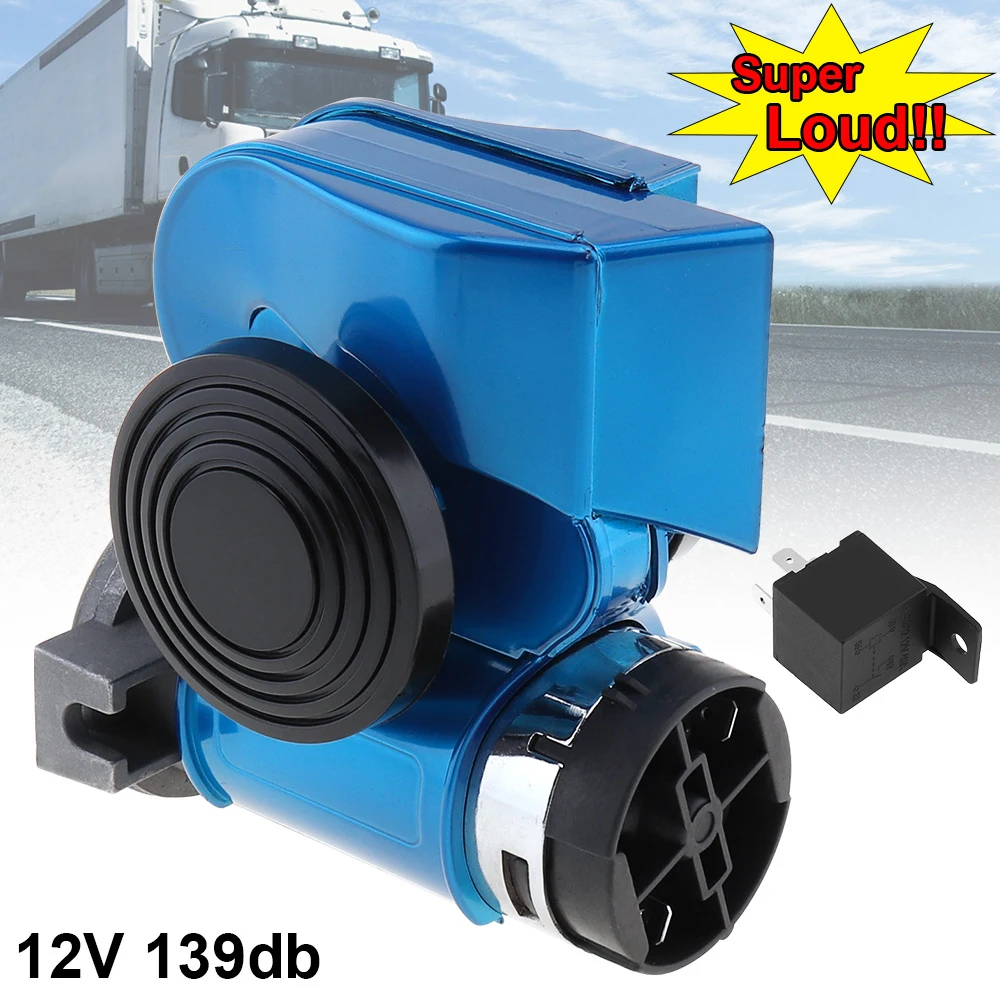 12V 139db Air Horn Car Lacquer Blue Oblique Speaker Snail Compact Dual Claxon Horns for Car Vehicle / Motorcycle / ATVs