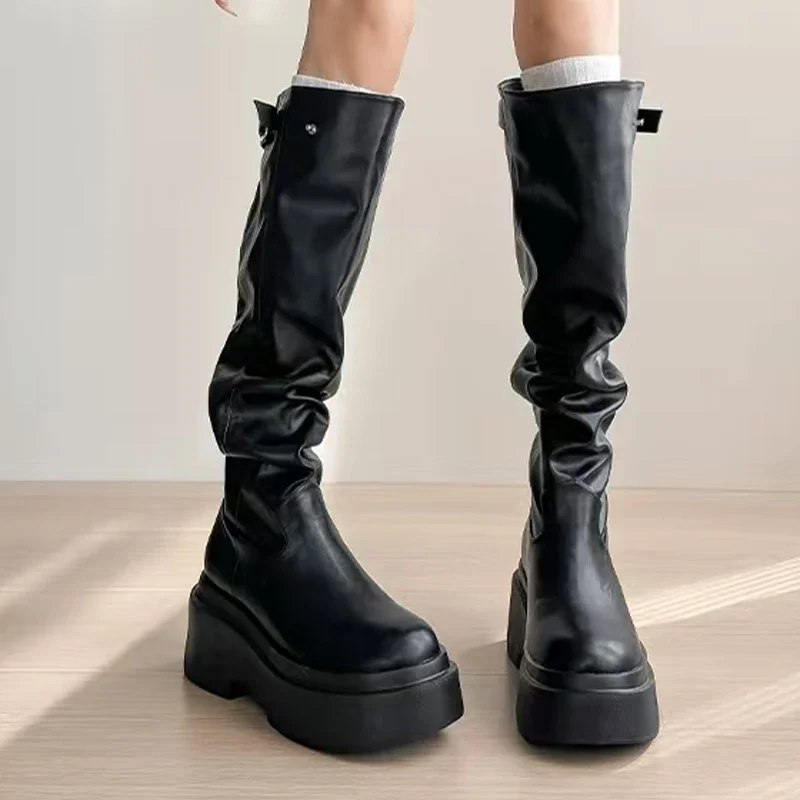 

Женские высокие сапоги на платформе, замшевые женские высокие сапоги на плоской подошве, зимнее платье, элегантная модельерская обувь, новинка 2025 года, зимние гладиаторы Botas