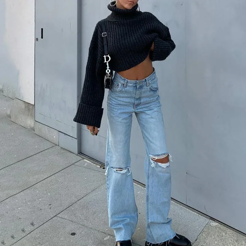 

Women Jeans Wide Leg Pants Ripped Hole Trendy All-match Basic Daily College Teens Streetwear Loose Chic Denim Clothing