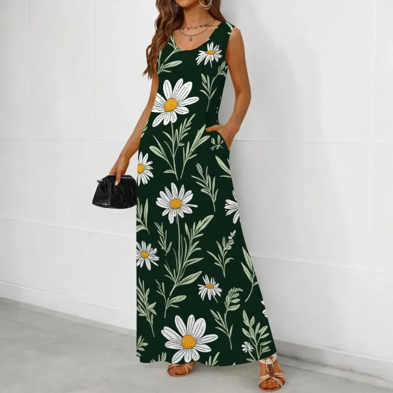 

Womens Maxi Dresses Summer Trendy Print Boho Cotton Linen Sundress with Pockets Loose Flowy Swing Vacation Long Dress