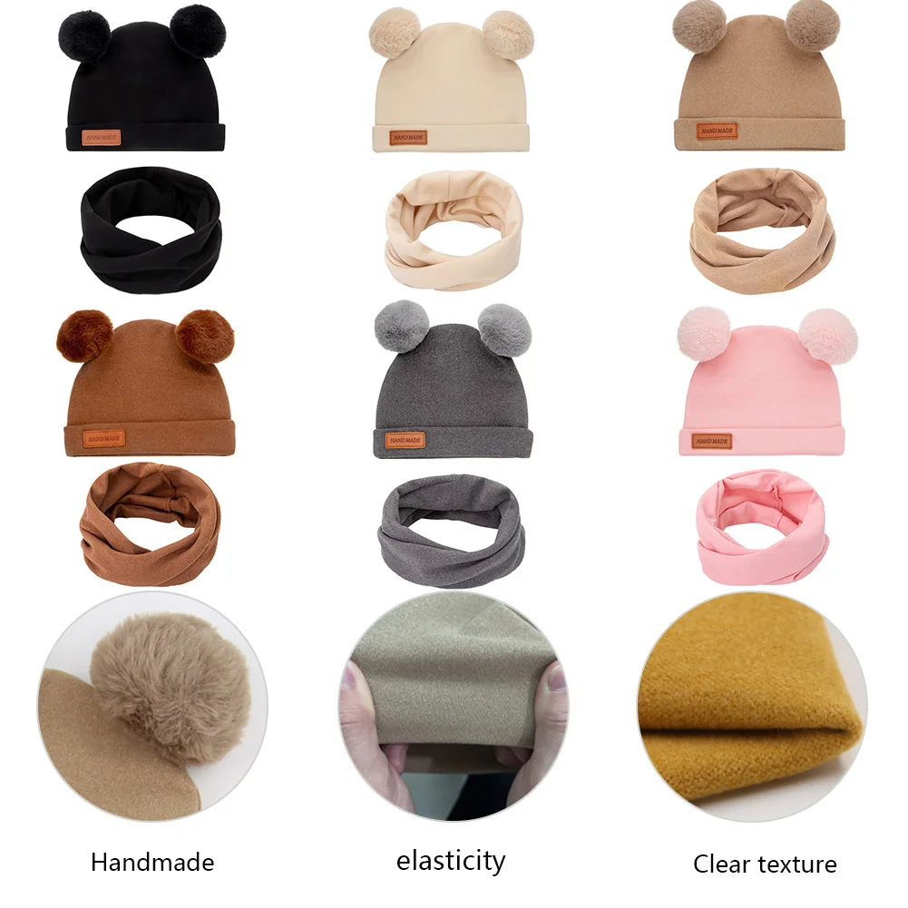 2Pcs/Lot Baby Turban Hats Faux Cashmere Pompom Caps Beanies Bonnets Scarf Cute Leather Stick Warm Autumn Winter Newborn Headwrap