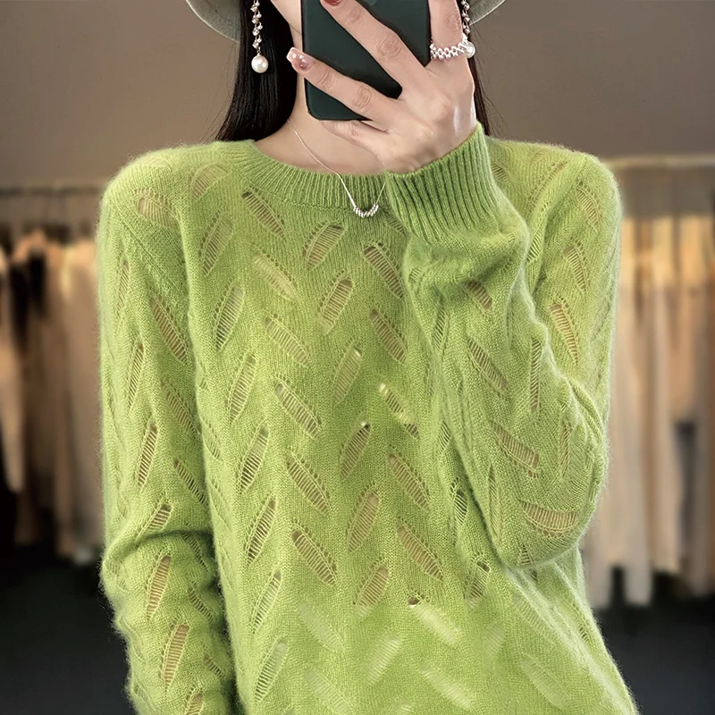 Spring New Ladies 100% Wool Soft Breathable Sweater Round Neck Hollow Out Pullover Casual Knitted Thin Sweater Slim-Fit Tops