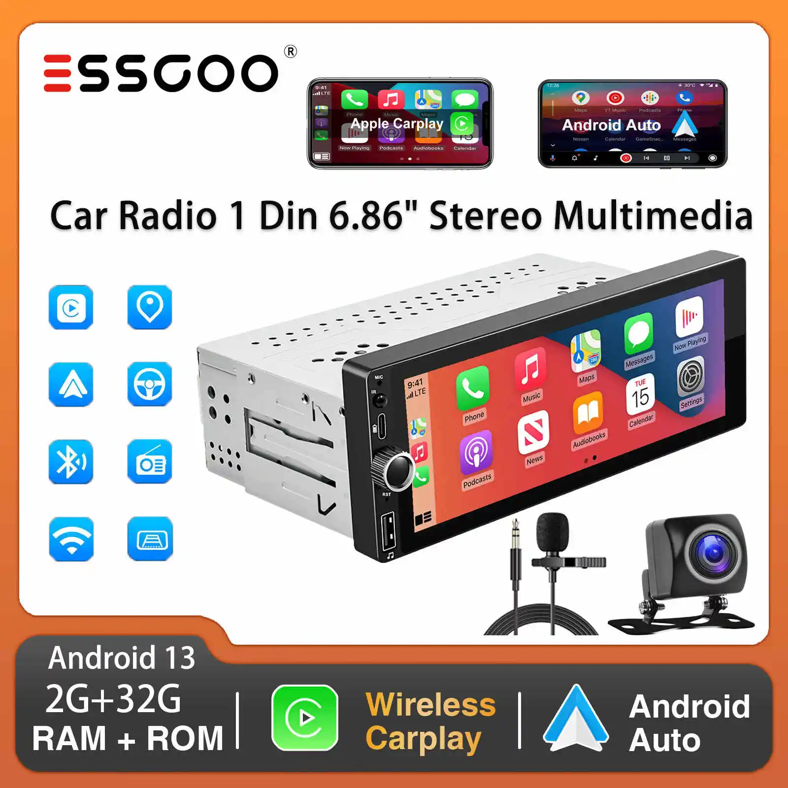 

ESSGOO Автомобильная стереосистема 1 Din 6,86 дюйма Мультимедиа Carplay Android Auto Bluetooth RDS Android 13 GPS Nav WiFi Сенсорный экран