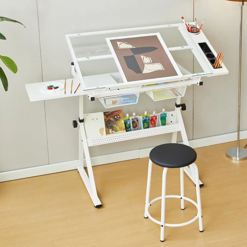 

Adjustable School Desk, Glass Drafting Table with Stool, Drawing Table for Artist, 75° Tilting Tabletop Desk, School Desk