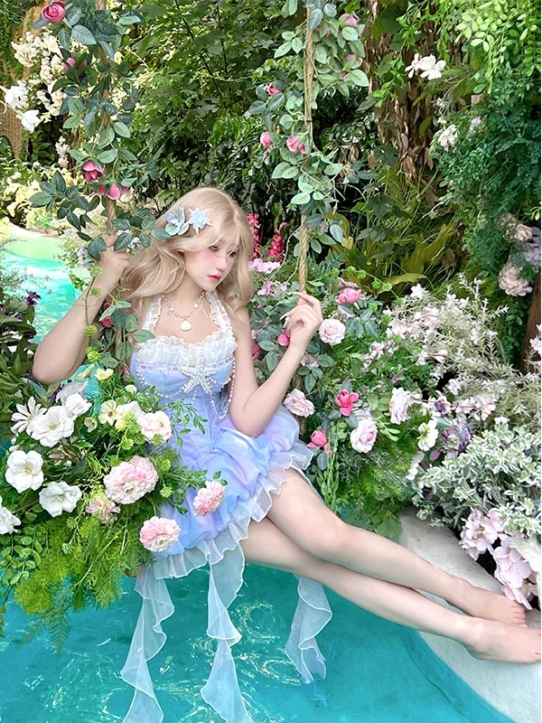 2025 جو الشاطئ عطلة الصيف جزيرة نمط مثير الرسن الرقبة التخسيس أنيقة الجنية نمط فستان قصير قنديل البحر برعم تنورة