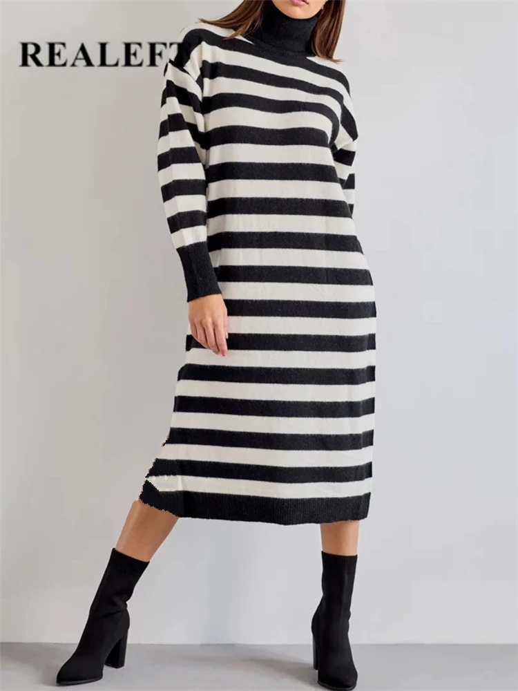 

REALEFT Autumn Winter Striped Oversize Knitted Women's Long Dresses 2023 New Long Sleeve Casual Loose Chic Sweater Dress Female