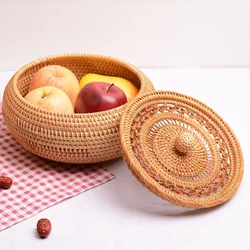 New Round Rattan Boxes with Lid Hand-Woven Multi-Purpose Wicker Tray Desktop Decoration Jewelry Storage Box Makeup Organizer