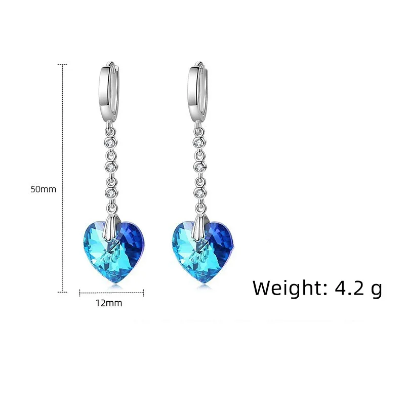 925 Sterling Silver Earrings Heart-Shaped Blue Crystal  Zircon Long Earrings For Women\'S Wedding Fashion Jewelry Gifts