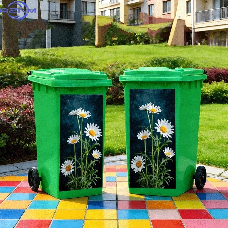 2D Flat Printing 1pc Trash Can Sticker, Daisy Sunflower Theme Design, Self-Adhesive Wall Decal Wallpaper for Kitchen Trash Can view 4