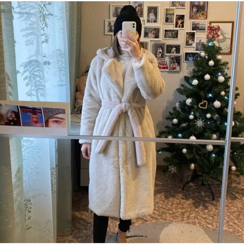 Cross-border new winter imitation rabbit fur coat women's extended belt imitation fur jacket thickened warm plush jacket