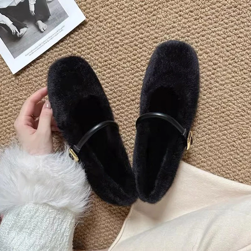 Elegant Buckle Strap Fur Mary Jane Shoes Woman Cosy Soft Fluffy Ballet Flats Ladies Plush Shallow Loafers Concise Dress Zapatos