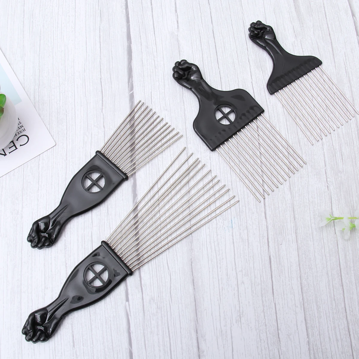 

4pcs Hair Pick Comb Ergonomic Black Fist Metal Tease Long Tooth Curly Afro Smooth Edge No Scalp Hurt Through