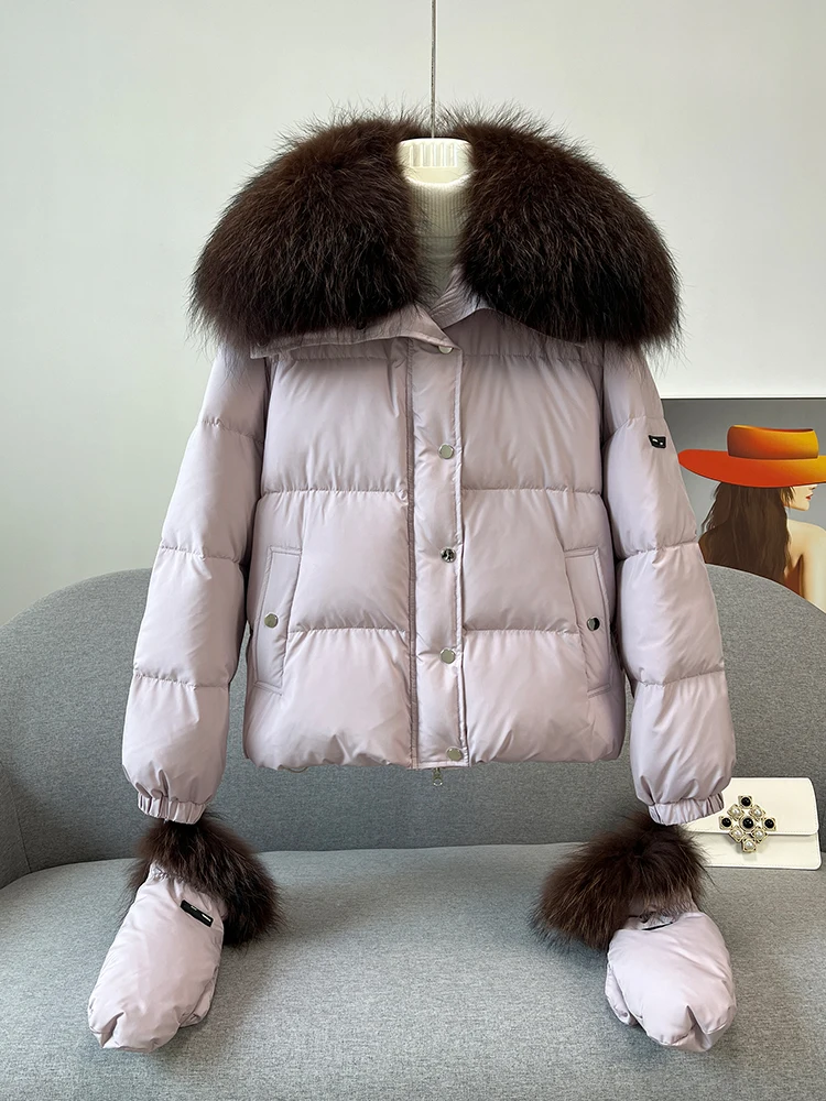 Women's Raccoon Fur Collar Removable Gloves Fashion Goose Down Jacket Down Fur Jacket Short