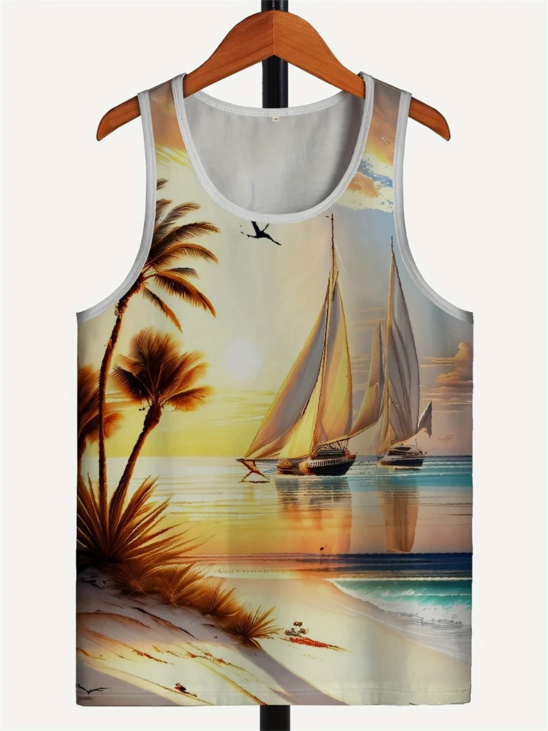 

Men's Tropical Beach Scene Sleeveless Tank Top 3D Printed Hawaiian Style Summer Casual Sleeve Tshirts Breathable Quick Drying