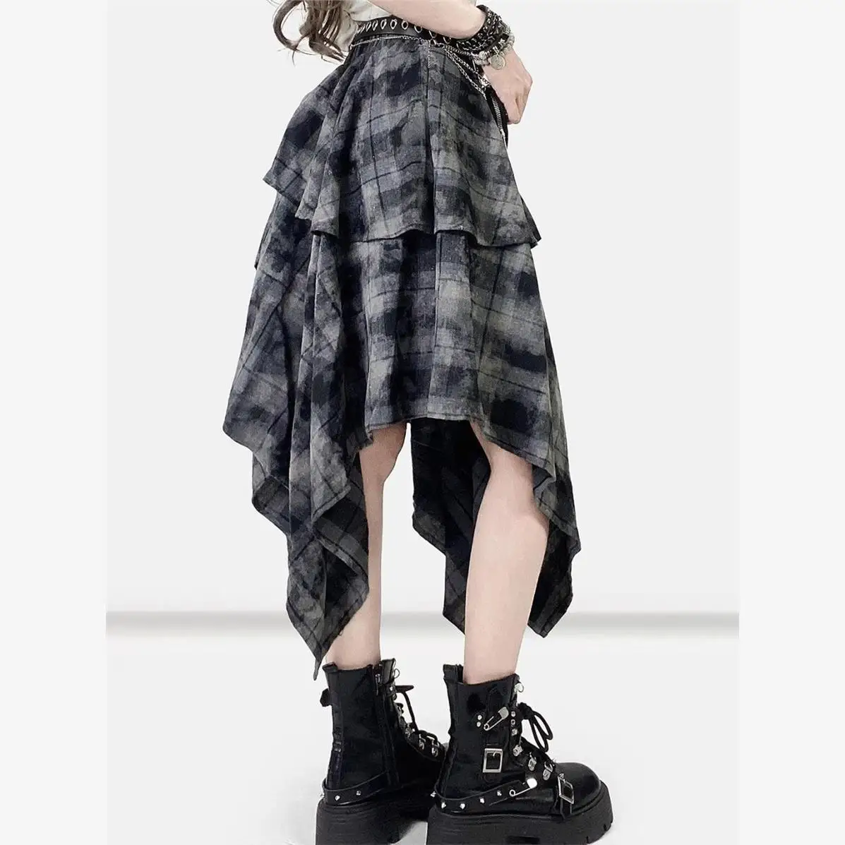 レトロタイダイアシンメトリーミディスカート、格子柄Aライン、伸縮性ウエスト、ミドル丈、女性用、秋シーズン、結び目付き