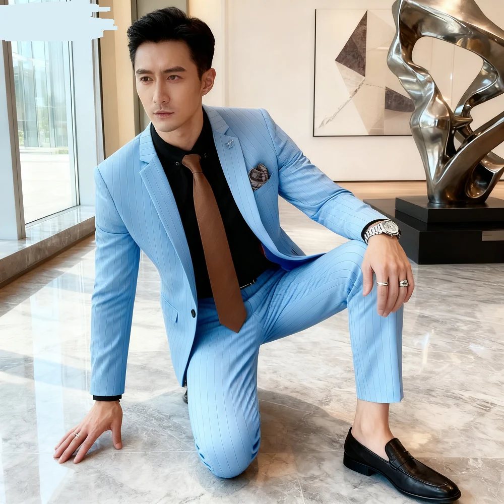 

Мужской модный полосатый приталенный смокинг, костюм для формального свадьбы, куртка и брюки, комплект для деловой вечеринки, свадебная одежда для жениха