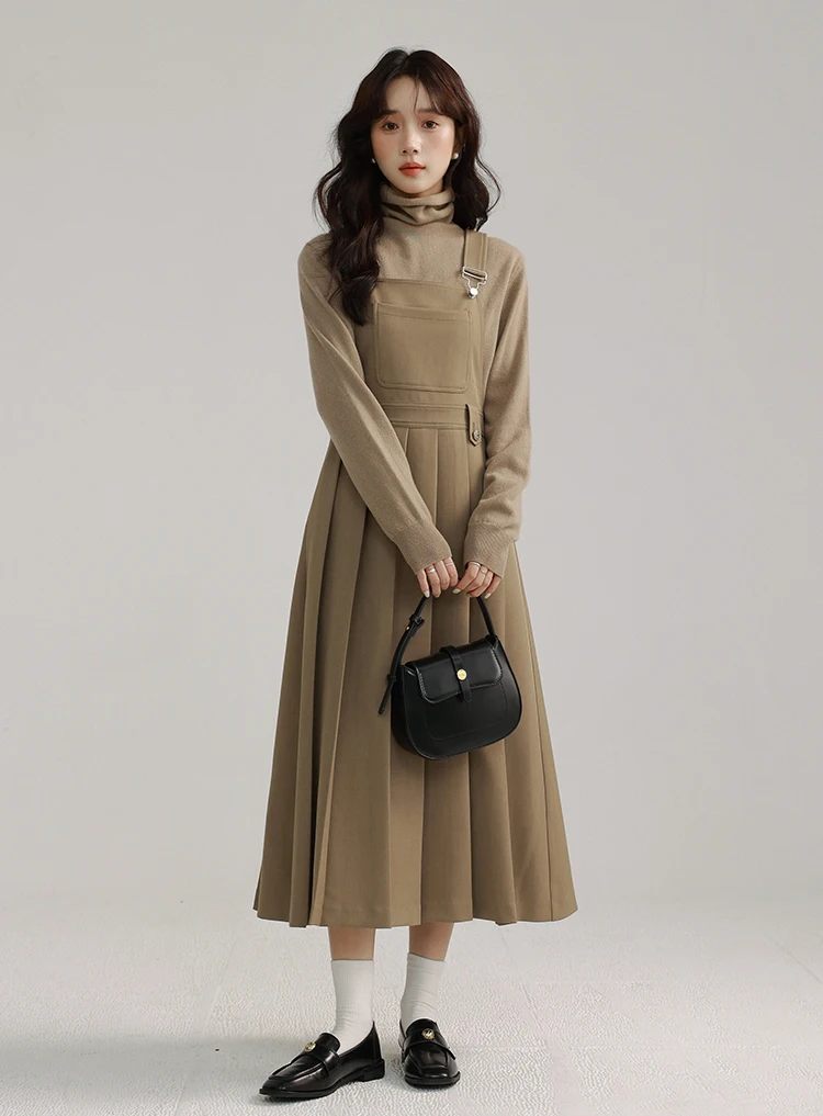 Elegante Plissee Hosenträger Kleid Frauen Herbst Hohe Taille Schlank Pinafore Midi Kleid Casual Vintage Ärmelloses A-line Kleid Outfit