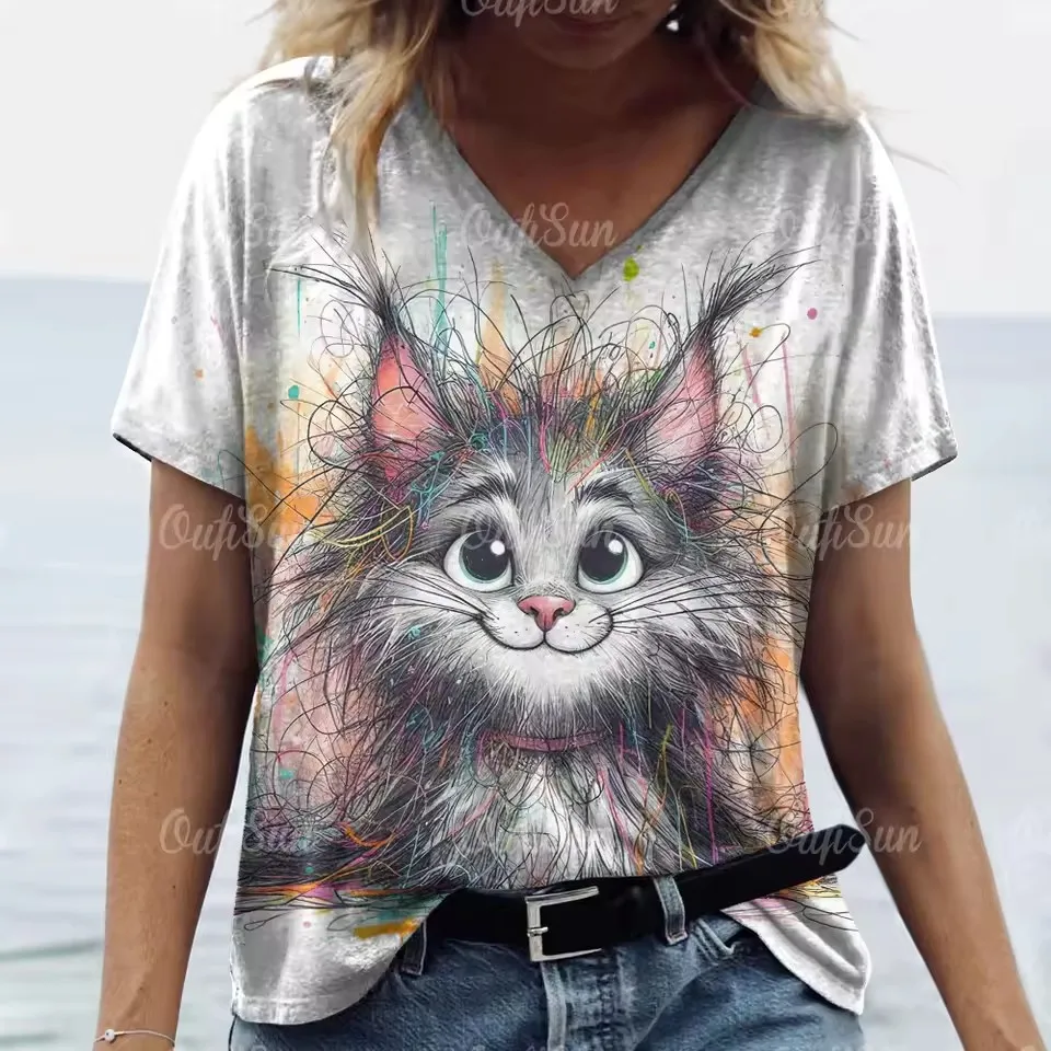 Women's T-Shirt Animal Pattern Printing Fashion Casual Oversized High-Quality Tees V-Neck Women's Clothing Summer