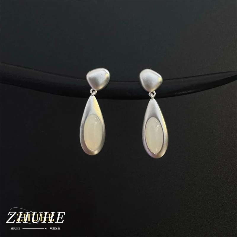 Copper Alloy Jewelry Accessories For Men Women Soft Textured Drop Earrings Translucent Oval Stone Inlaid Geometric Ear Pendants
