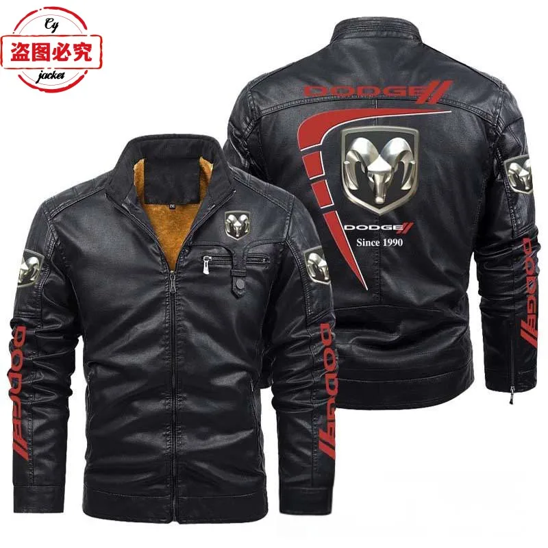 Dodge logo LOGO jacket winter velvet warm men's pu leather solid color jacket Dodge racing team