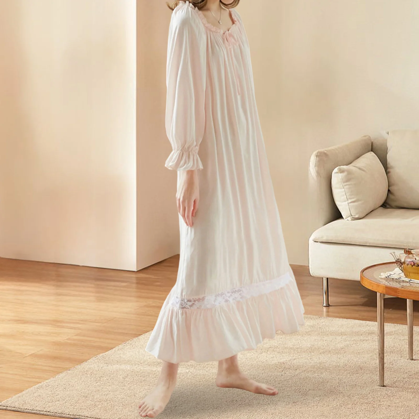 Women Long Nightgown with Lace Detailing and Billowy Sleeves Elegant Sleepwear Dress Long Sleeve Soild Color Sleepshirts
