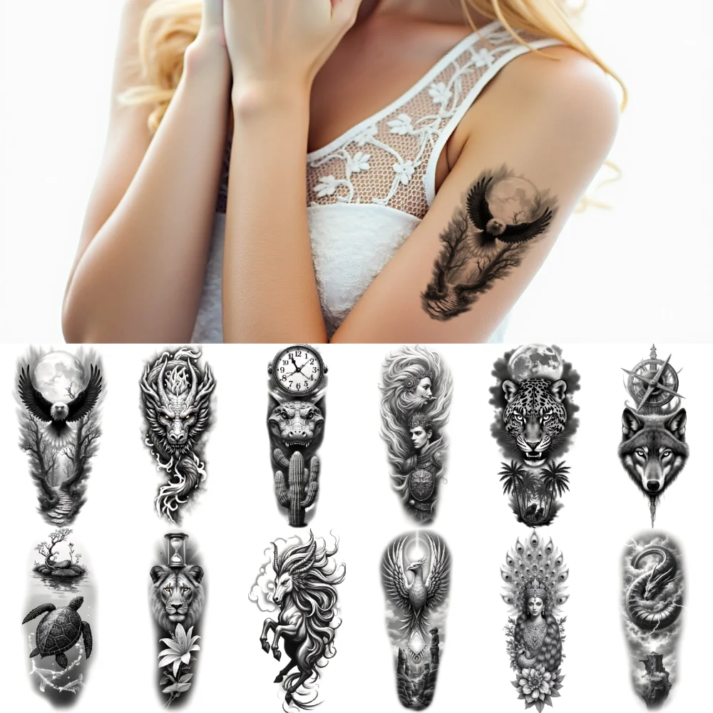 

12pcs Temporary Tattoo Realistic Temporary Tattoos Clock Tattoo Wolf Tattoo Phoenix Tattoo For Arm Thigh Adult