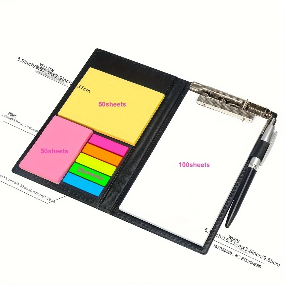 Sticky Memo Pad Notebook - Self-Stick Notes with Scratch Pad, Ballpen, and Faux Leather Look Design for Office and Teacher Gifts