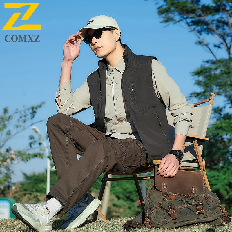 

Branded Men's Fashion Vest Plus Size Solid Color Tooling Style Waistcoat Thin Multi Pocket Casual Loose Fishing Sleeveless Vests