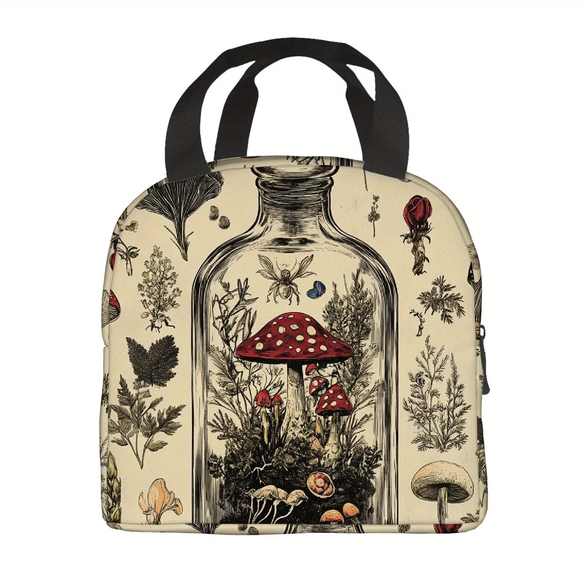 Mushrooms Plants Insects in Bottle Print Insulated Thermal Bag Portable Reusable Oxford Fabric Bag