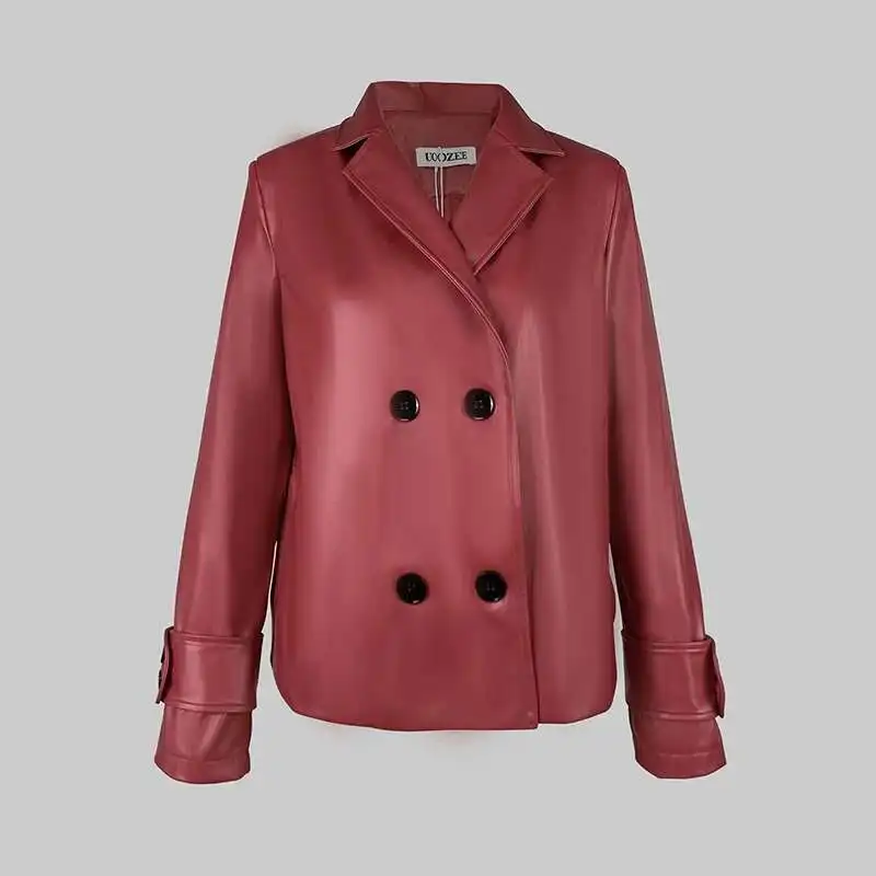 BabYoung الخريف الشتاء الأحمر فو السترات النساء 2024 جديد طويل الأكمام بولي Leather الجلود معاطف قصيرة أبلى للإناث