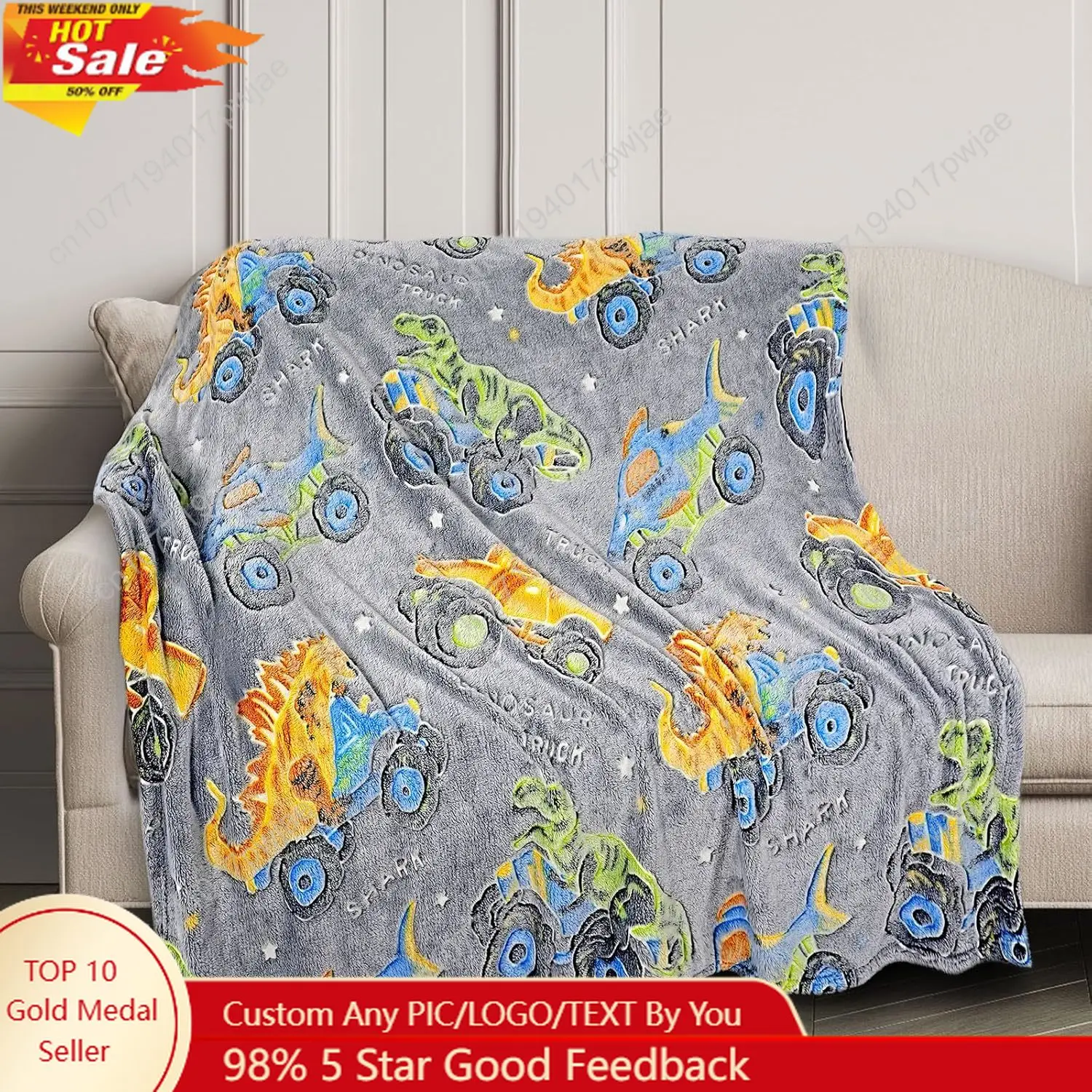 

Dinosaur Toys Gifts for Boys Kids Dino Shark Truck Glow in The Dark Blanket Best Birthday Christmas Valentines Easter Presents