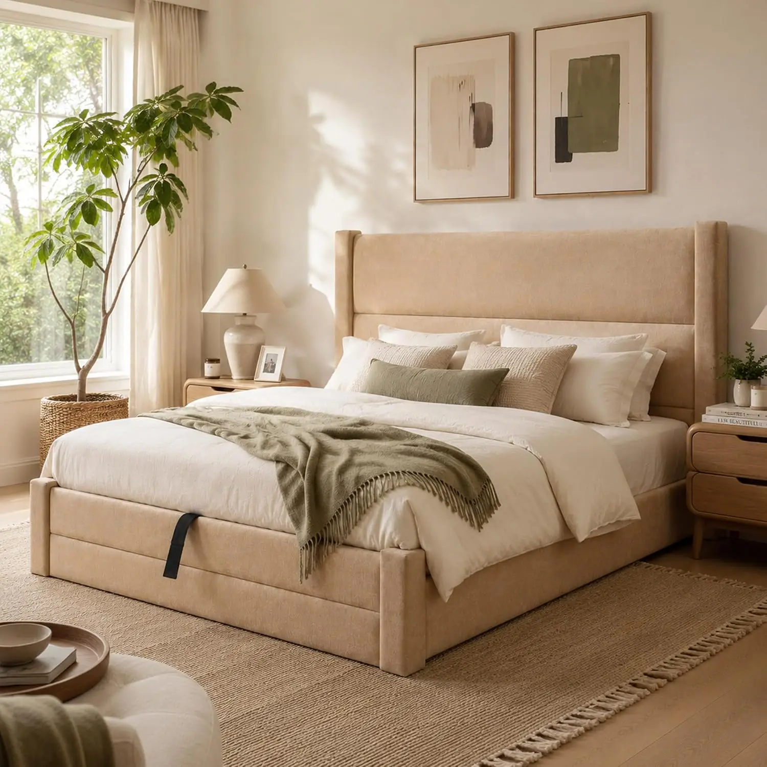 Full Size Lift Storage Bed Frame Velvet Upholstered Platform with Hydraulic Lift No Box Spring Warm Beige, Customized